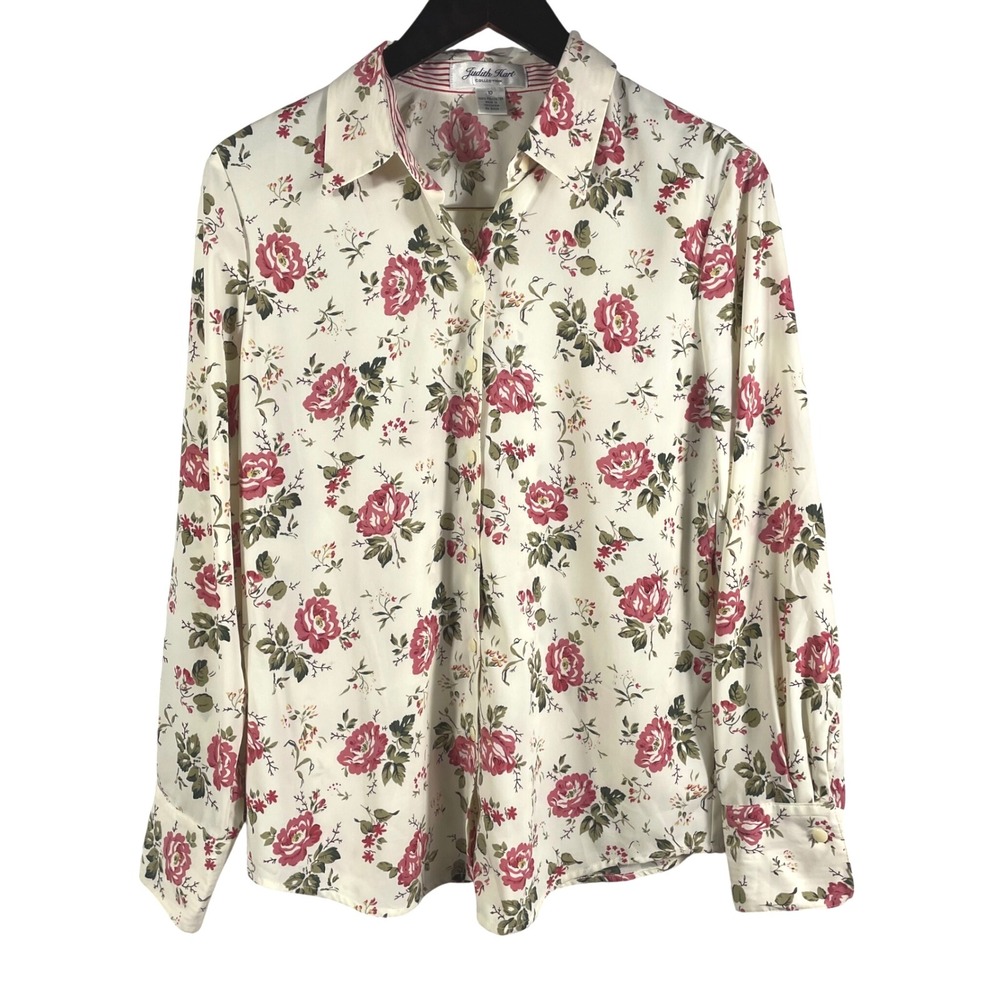 Judith Hart Collection Floral Button Down Blouse Size 10 Cream & Pink Roses